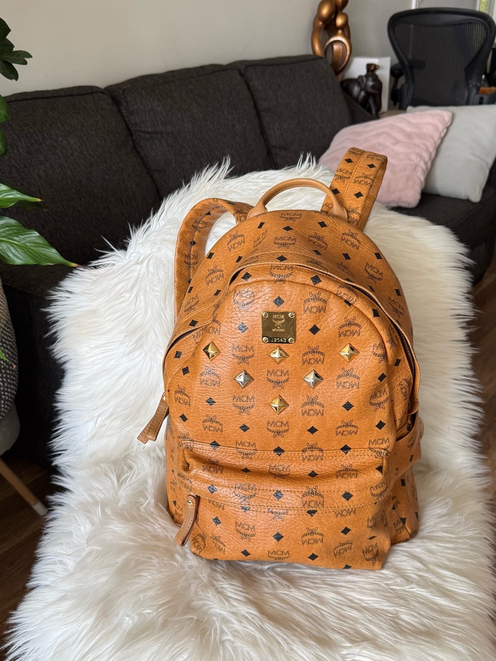 Authentic MCM Cognac Logo Studded Leather Backpack